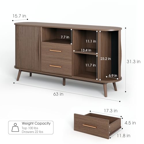 Walnut Sideboard Buffet Cabinet with Storage for Dining Room，63", view 3