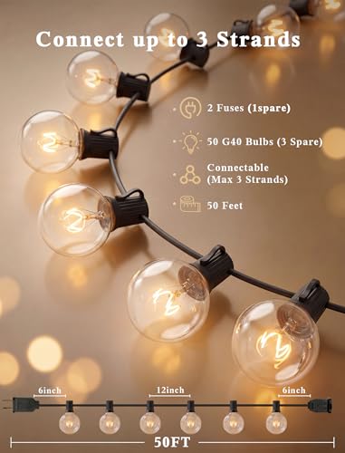 50FT G40 Globe String Lights, Outdoor Patio String Lights with 53 Edison Globe Bulbs(3 Spare), Hanging Bistro Light Waterproof for Balcony Party Wedding Market Cafe, Black