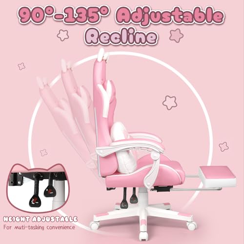 Pink Gaming Chair Cute with Cat Ears and Cat Paw Lumbar Cushion, Ergonomic Computer Chair for Girl with Footrest and Headrest, Comfortable Reclining PC Game Chair for Adult, Teen (Pink)