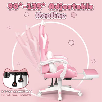 Pink Gaming Chair Cute with Cat Ears and Cat Paw Lumbar Cushion, Ergonomic Computer Chair for Girl with Footrest and Headrest, Comfortable Reclining PC Game Chair for Adult, Teen (Pink)