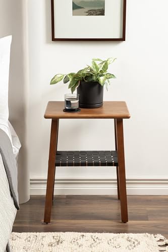 Woebeck Modern Rectangle Wood Side Table, 18 x 14 x 25, Walnut Brown and Black, Transitional Two-Tier End Table with Vegan Leather Shelf for Bedroom Nightstand or Living Room Accent