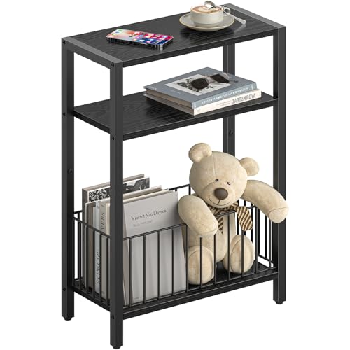 Narrow Side Table with Storage Basket, Small End Table for Small Spaces, Skinny Side Tables Living Room Bedroom Office, Slim Nightstand 3 Tier Bedside Table Space-Saving for Magazine, Black