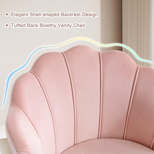 Pink Vanity Chair with Back, Velvet Shell Accent Chairs for Living Room Bedroom, Criss Cross Chair with Gold Legs no Wheels, Seat for Make up