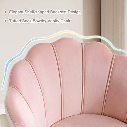 Pink Vanity Chair with Back, Velvet Shell Accent Chairs for Living Room Bedroom, Criss Cross Chair with Gold Legs no Wheels, Seat for Make up