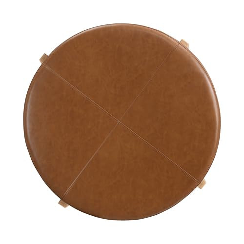Holmes Modern Faux Leather Upholstered Ottoman Coffee Table, Wooden Round Cocktail Ottoman, Large Living Room Sofa Footstool/Footrest, Brown+Natural