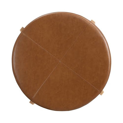 Holmes Modern Faux Leather Upholstered Ottoman Coffee Table, Wooden Round Cocktail Ottoman, Large Living Room Sofa Footstool/Footrest, Brown+Natural