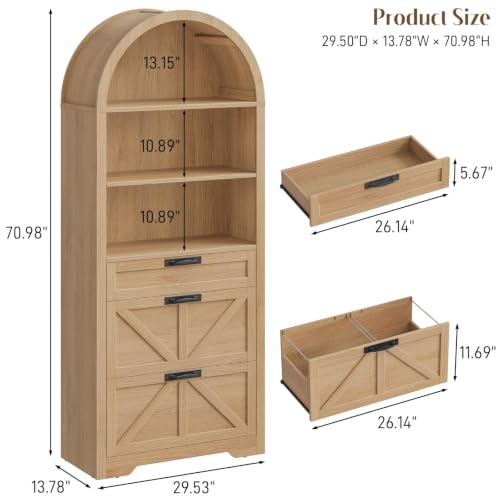 Natural Wood Arched Bookcase with File Drawers, 3-Tier Shelves, view 3