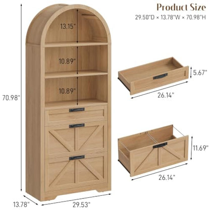 Natural Wood Arched Bookcase with File Drawers, 3-Tier Shelves, view 3