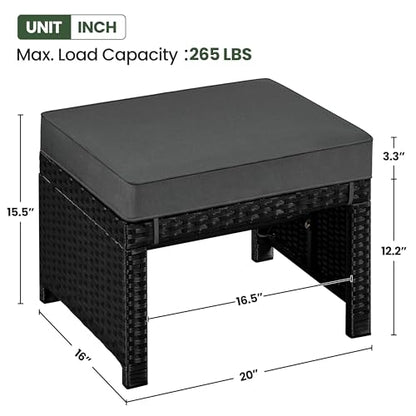 Yaheetech Wicker Ottomans, 2 Footrest with Removable Cushion, Black/Gray | 2pcs PE Rattan Side Table Additional Seating Multipurpose Outdoor Furniture for Patio, Backyard