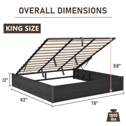 King Lift Up Storage Bed Frame, Black, view 3