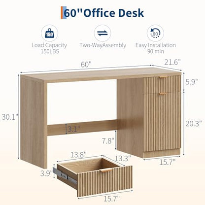 Fluted Executive Desk with Drawers, 60" Modern Home Office Desk, view 3