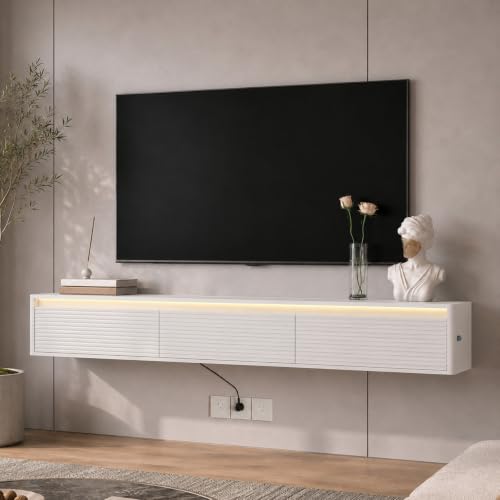69" Fluted Floating TV Stand Wall Mounted with LED Power Outlets White, view 2
