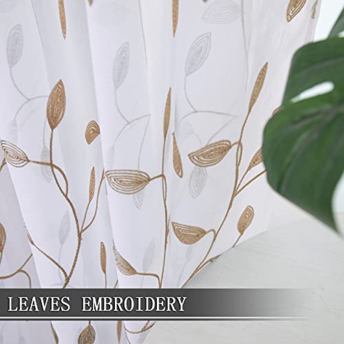 Tollpiz Leaves Sheer Curtain Taupe Leaf Embroidery Bedroom Curtains Rod Pocket Voile Faux Linen Embroidered Leaves Curtain for Living Room, 54 x 84 inches Long, Set of 2 Panels