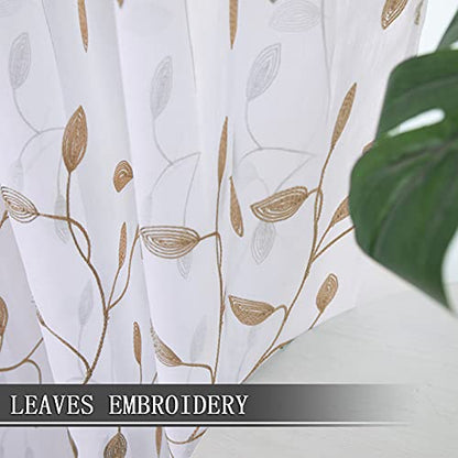 Tollpiz Leaves Sheer Curtain Taupe Leaf Embroidery Bedroom Curtains Rod Pocket Voile Faux Linen Embroidered Leaves Curtain for Living Room, 54 x 84 inches Long, Set of 2 Panels