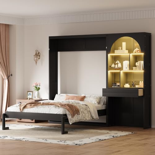 Queen Size Murphy Platform Bed with Side Cabinets, Drawer, Open Shelves | Folding Platform Bed, Murphy Chest Bed Can be Folded into a Cabinet, Multi-function Murphy Wall Bed, Small Room