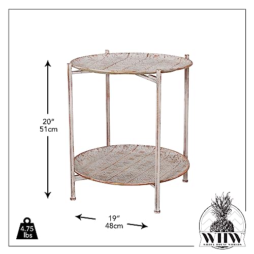 Moroccan Metal Side Table, Intricate Pattern, Removable Lattice Trays, Foldable, Antique Champagne Gold with White Patina, Distressed Finish, 20 Inches Tall