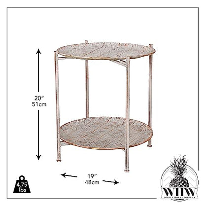 Moroccan Metal Side Table, Intricate Pattern, Removable Lattice Trays, Foldable, Antique Champagne Gold with White Patina, Distressed Finish, 20 Inches Tall
