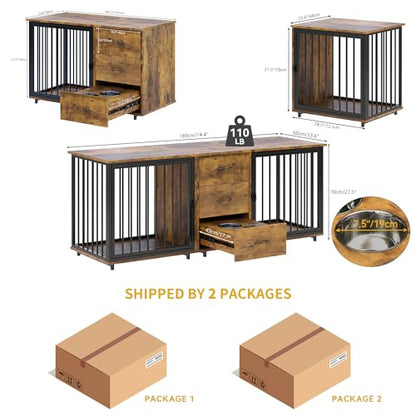 74 Inch Double Dog Crate Furniture for 2 Dogs & 2 Feeder Bowls, view 4