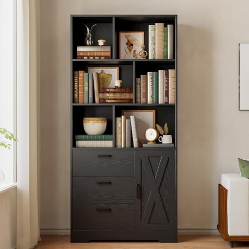 Bookshelf, 70.9 Inch Tall Bookcase, Black Book Shelf with Doors and 3 Drawers, 3-Tier Bookshelves with 6 Open Cubes for Home Office, Living Room, Study