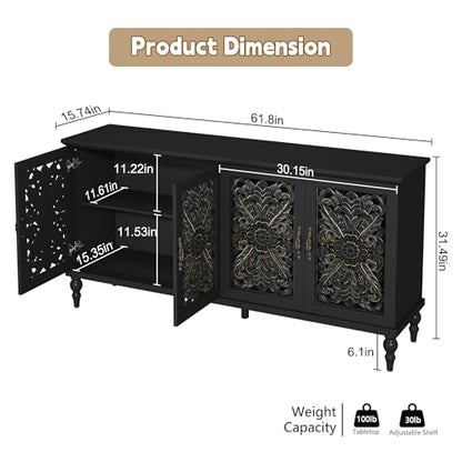 61.8" Hollow Carved Accent Cabinet with 4 Doors for Living Room, view 3