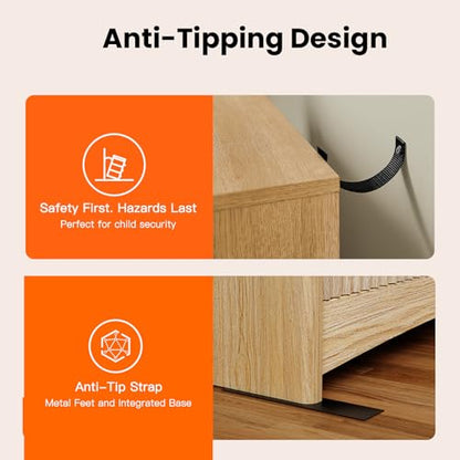 Fluted Dresser for Bedroom, Wide Wooden Dresser with 6 Deep Drawers, Closet Storage Organizer with Round Corner & Pre-Installed Slides, Modern Chests of Drawers for Bedroom, Natural Oak