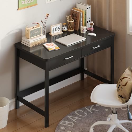 39.4" Small Desk with Wood Drawers, Home Office Computer Desk with Wooden Legs, Study Writing Table Vanity Desk for Small Spaces - Black
