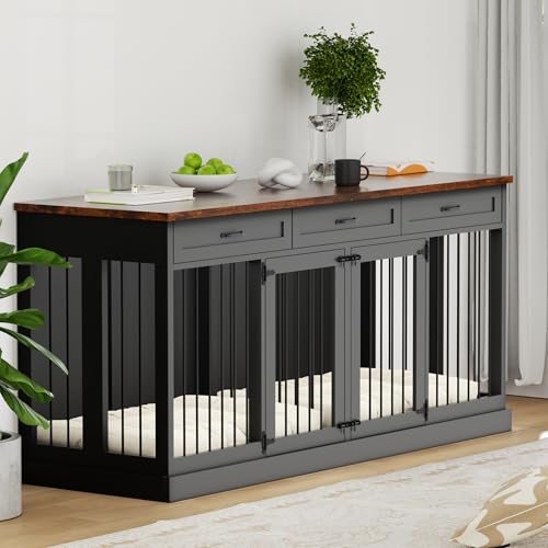 71 inches Double Furniture Style Dog Crate with 3 Drawers Indoor Wooden Dog, view 4