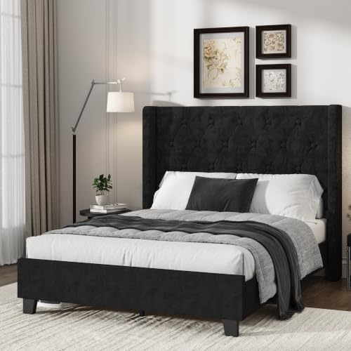 Upholstered Queen Bed Frame, 54" Tall Wingback Headboard, Black, view 2