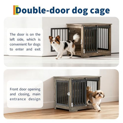 Dog Crate Furniture with Barn Door, Heavy Duty Kennel End Table, Gray Black, view 5