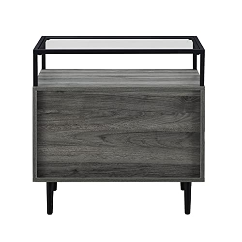 Modern Glass and Wood End Side Table Living Room Storage Small End Table, 2 Drawer, Slate Grey
