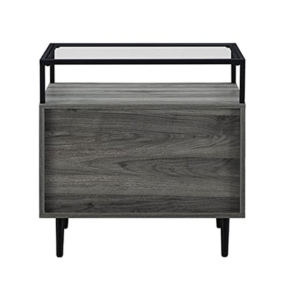 Modern Glass and Wood End Side Table Living Room Storage Small End Table, 2 Drawer, Slate Grey