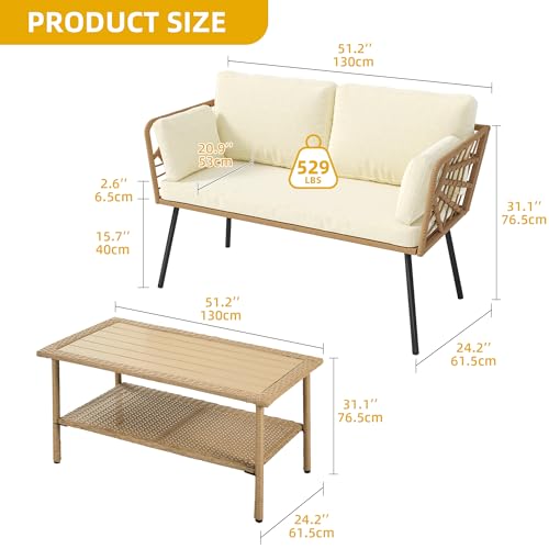 2 Pieces Patio Furniture Set, All-Weather Wicker Rattan Loveseat with Thick Cushions & Table, Outdoor Conversation Set for Patio, Balcony, Backyard, Deck, Poolside