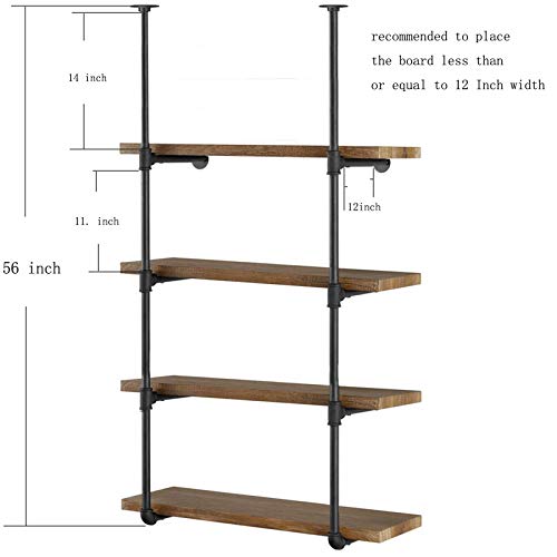 2Pc (56" Tall 12" deep 3/4") Industrial Wall Mount Iron Pipe Shelf Shelves Shelving Bracket Black Bookshelf Bookcase DIY Storage Office Kitchen (4Tier Hardware only)