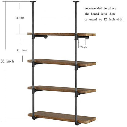 2Pc (56" Tall 12" deep 3/4") Industrial Wall Mount Iron Pipe Shelf Shelves Shelving Bracket Black Bookshelf Bookcase DIY Storage Office Kitchen (4Tier Hardware only)