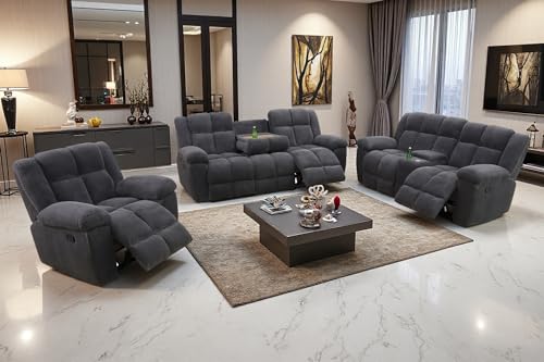 Manual Recliner Sofa Set, Corduroy Recliner Loveseat, Living Room Furniture Set Modern Loveseat Sofa, Reclining Couches for Living Room/Office(3 Piece Set, Dark Grey)