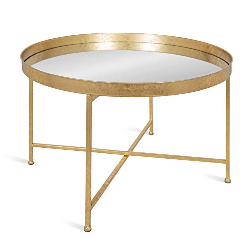 Celia Metal Foldable Round Accent Coffee Table, 28.25" x 28.25" x 19", Mirrored Surface and Gold Frame, Modern Minimalist Design and Detachable Magnetic Tabletop