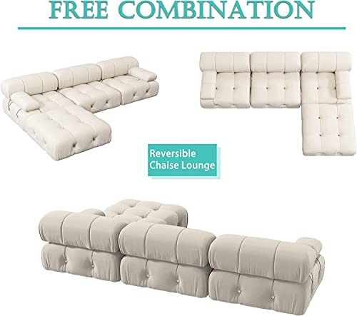 L-Shaped Sectional Couch, 104'' Minimalist Velvet Floor Sofas Couches, Mid-Century Modular Sectional Sofa with Reversible Chaise Ottoman for Living Room, Apartment (3-Seat, 1 Ottoman, Beige)