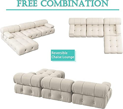 L-Shaped Sectional Couch, 104'' Minimalist Velvet Floor Sofas Couches, Mid-Century Modular Sectional Sofa with Reversible Chaise Ottoman for Living Room, Apartment (3-Seat, 1 Ottoman, Beige)