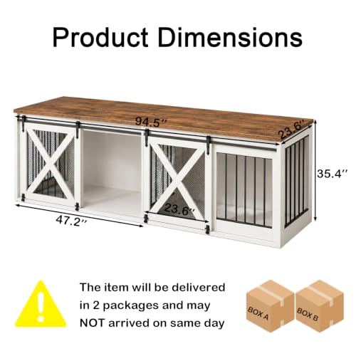 94.5in Double Dog Crate Furniture, Farmhouse Dog Kennel TV Stand, White, view 3