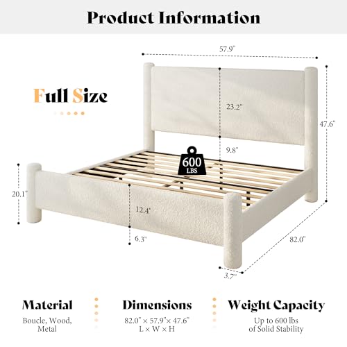 Boucle Cloud Upholstered Bed Frame with Cylinder Headboard, Modern Platform Structure, Sherpa Boucle Soft Design, No Box Spring Needed (White, Full)