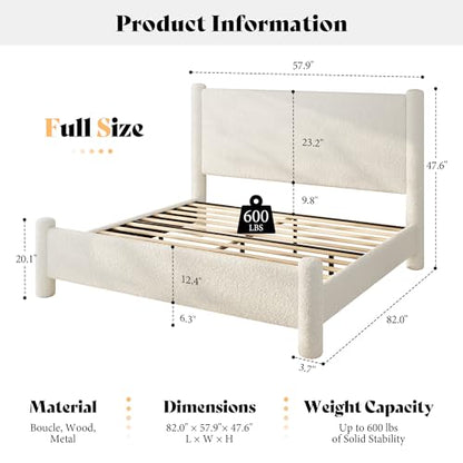 Boucle Cloud Upholstered Bed Frame with Cylinder Headboard, Modern Platform Structure, Sherpa Boucle Soft Design, No Box Spring Needed (White, Full)