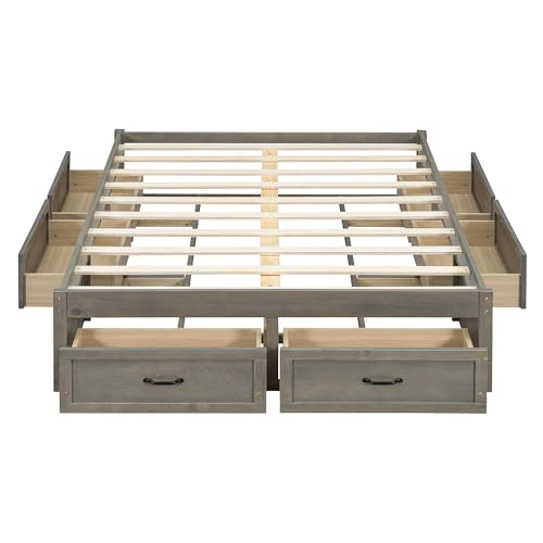 JIVOIT Full Size Bed Frame with 6 Storage Drawers, Wood Platform Bed Frame with Spacious Storage, Wooden Slats Support, No Box Spring Needed, Easy Assembly (Antique Gray/Full)