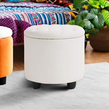 Upholstered Button Tufted Round Ottoman, PU Storage Ottoman Round, Removable Lid Convenient Footstools, Classic Ottoman with Storage for Nursery Room, IvoryWhite