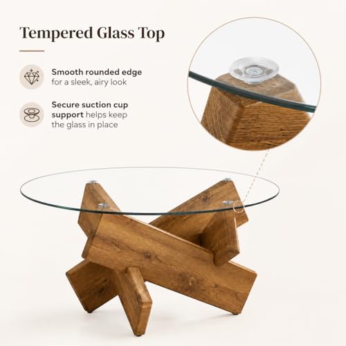 Round Glass Coffee Table, 33.4 Inch Clear Tempered Glass Top Coffee Table with Rustic Wood Crossed Legs, Modern Small Glass Center Table for Living Room Home
