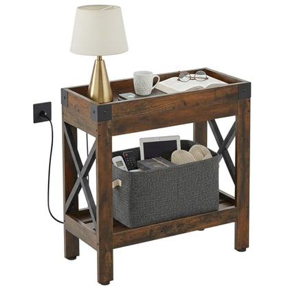 Narrow End Table with Charging Station, Rustic Brown Side Table with 2 USB Ports & Power Outlets, Slim Industrial Nightstand for Small Spaces, Living Room Sofa & Bedroom
