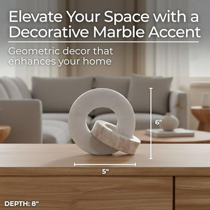 Home Decor and Bathroom Decor Marble Double Ring - Modern Shelf Sculpture and Office Accents for Room Styling - Coffee Table Ornaments and Living Room Decor Statues Design - 6", White & Beige