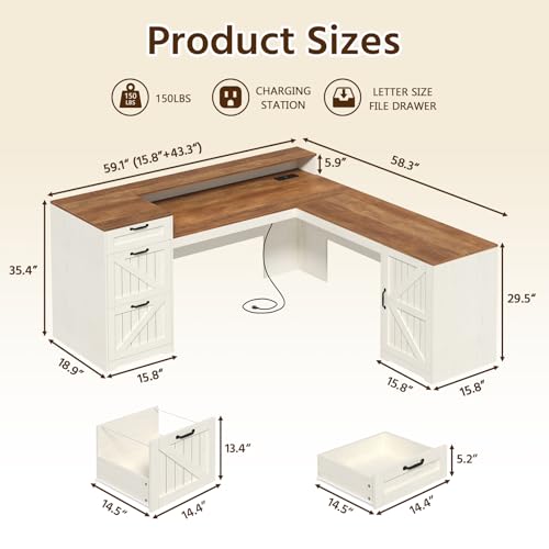 Farmhouse L Shaped Desk with Drawers and Storage Shelves, 59" L Shape Executive Desk with File Drawers and Power Outlet, Wood Computer Corner Desk with Storage Cabinet for Home Office, Antique White