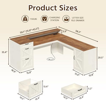 Farmhouse L Shaped Desk with Drawers and Storage Shelves, 59" L Shape Executive Desk with File Drawers and Power Outlet, Wood Computer Corner Desk with Storage Cabinet for Home Office, Antique White