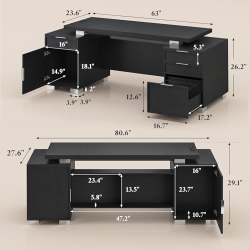 80.6" Executive Desk with Power Outlet and File Drawer, Modern Home Office Desk with 3 Large Cabinets and Privacy Panel, Business Furniture for Home Office, Living Room, Black