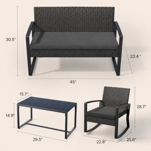 4 Piece Patio Furniture Set, Outdoor Wicker Patio Furniture with Glass Coffee Table, Modern Rattan Rocking Chairs Conversation Set, for Porch, Garden, Lawn (Black)